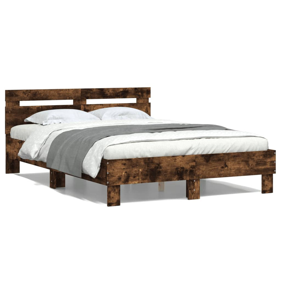 Bedframe Met Hoofdeinde Bewerkt Hout Gerookt Eiken 135X190 Cm