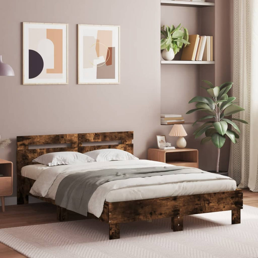 Bedframe Met Hoofdeinde Bewerkt Hout Gerookt Eiken 135X190 Cm