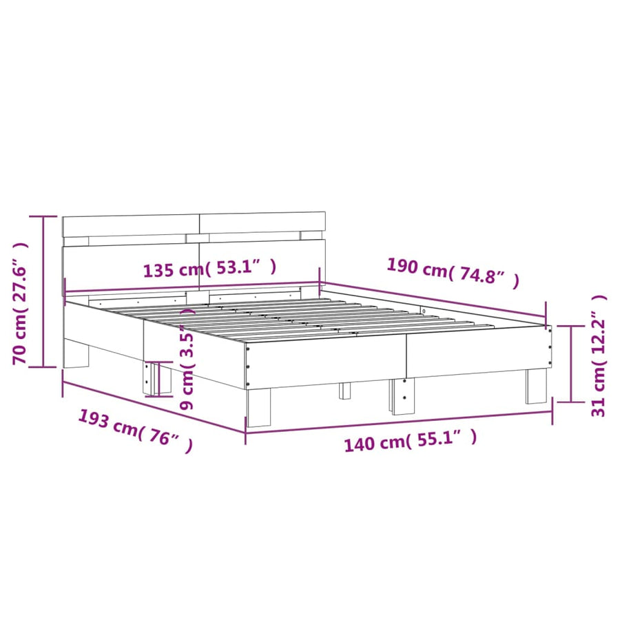 Bedframe met hoofdeinde bruineikenkleurig 135x190 cm 135 x 190 cm bruin eikenkleur
