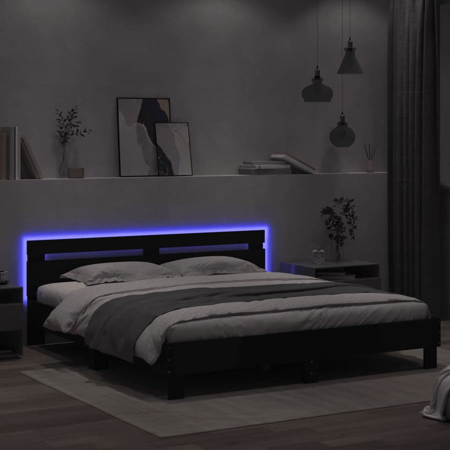 Bedframe met hoofdeinde en LED-verlichting zwart 200x200 cm