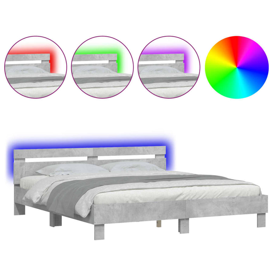 Bedframe met hoofdeinde en LED-licht betongrijs 200x200 cm