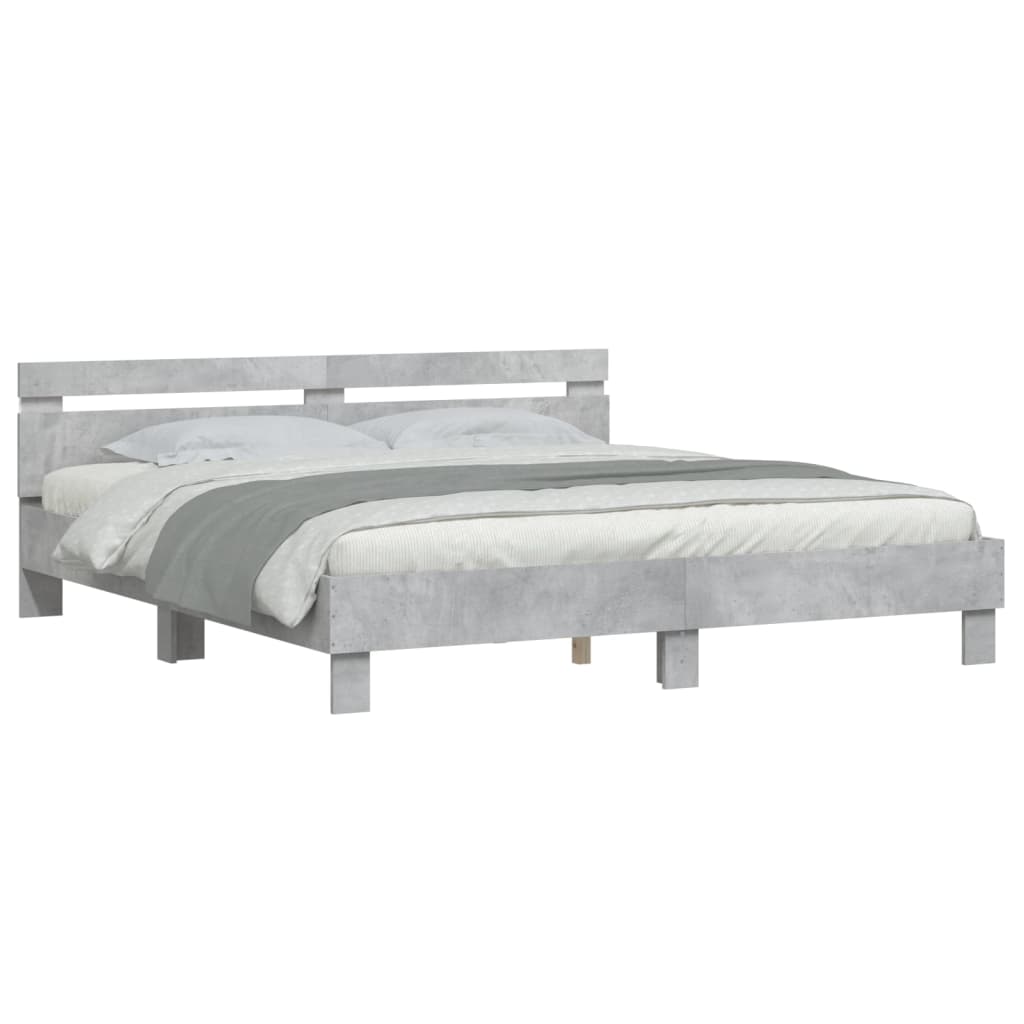 Bedframe met hoofdeinde en LED-licht betongrijs 200x200 cm
