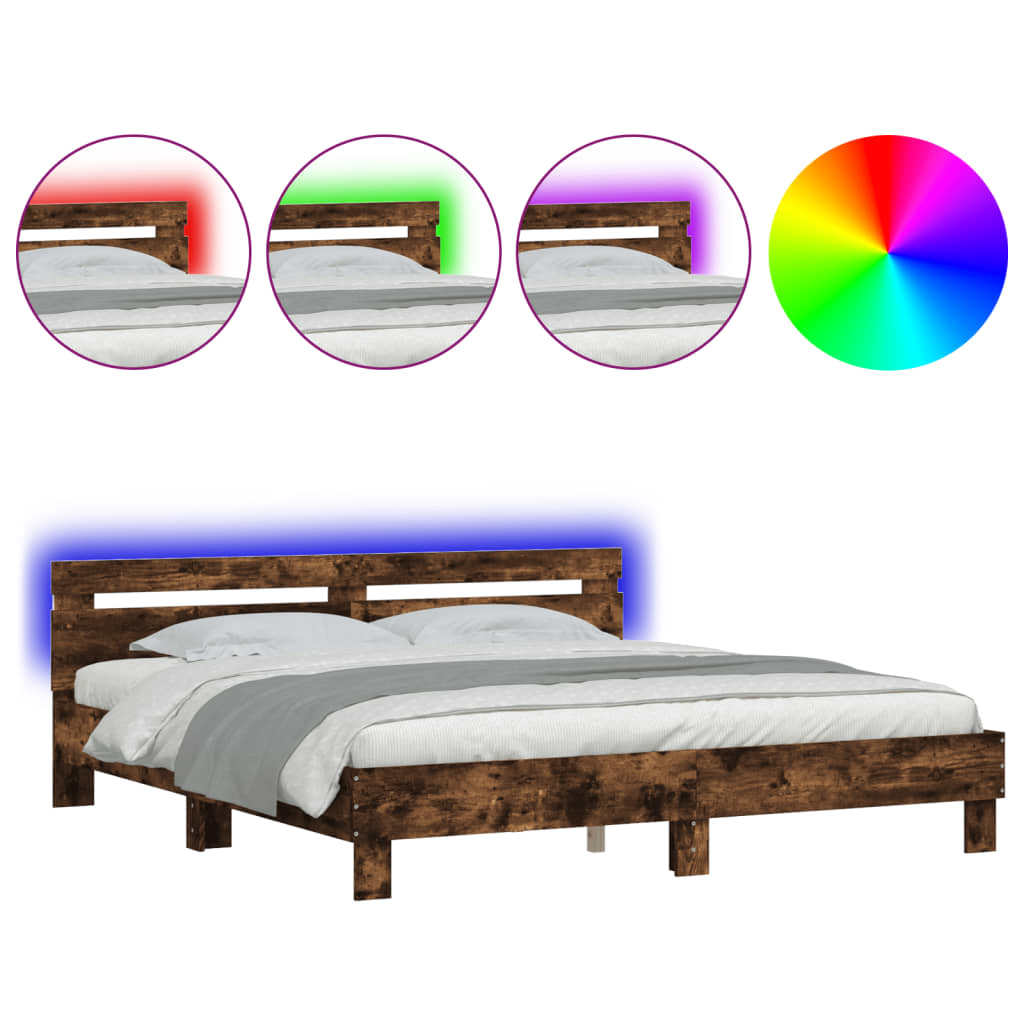 Bedframe met hoofdeinde en LED gerookt eikenkleurig 200x200 cm