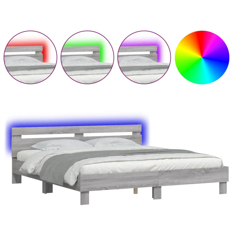 Bedframe met hoofdeinde en LED grijs sonoma eiken 200x200 cm