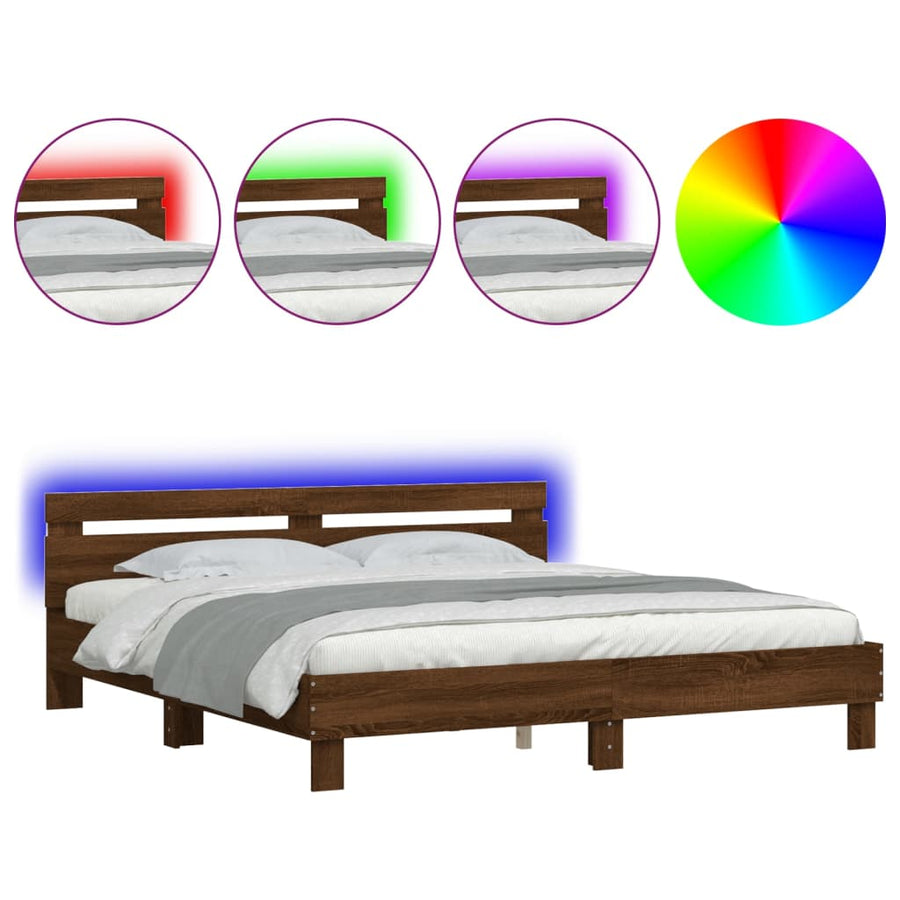 Bedframe met hoofdeinde en LED bruineikenkleurig 200x200 cm