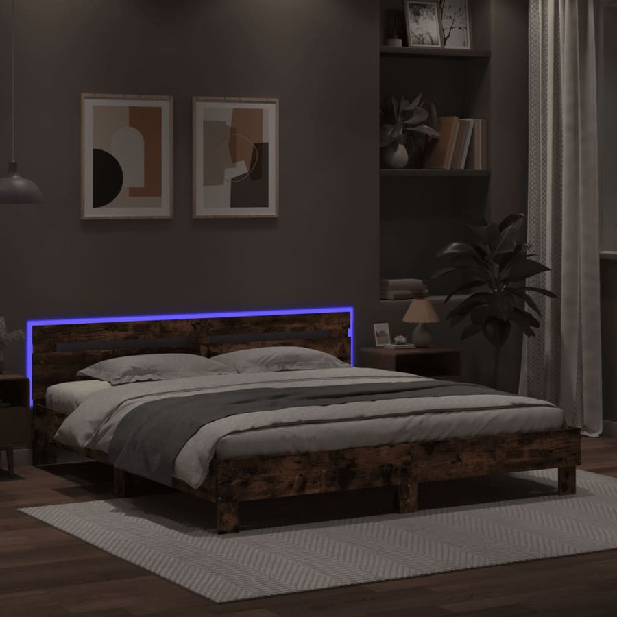 Bedframe met hoofdeinde en LED gerookt eikenkleurig 180x200 cm