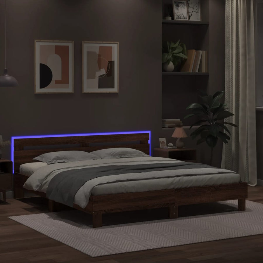 Bedframe met hoofdeinde en LED bruin eikenkleurig 180x200 cm