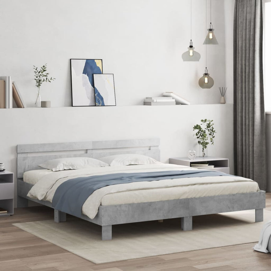 Bedframe met hoofdeinde en LED-licht betongrijs 160x200 cm