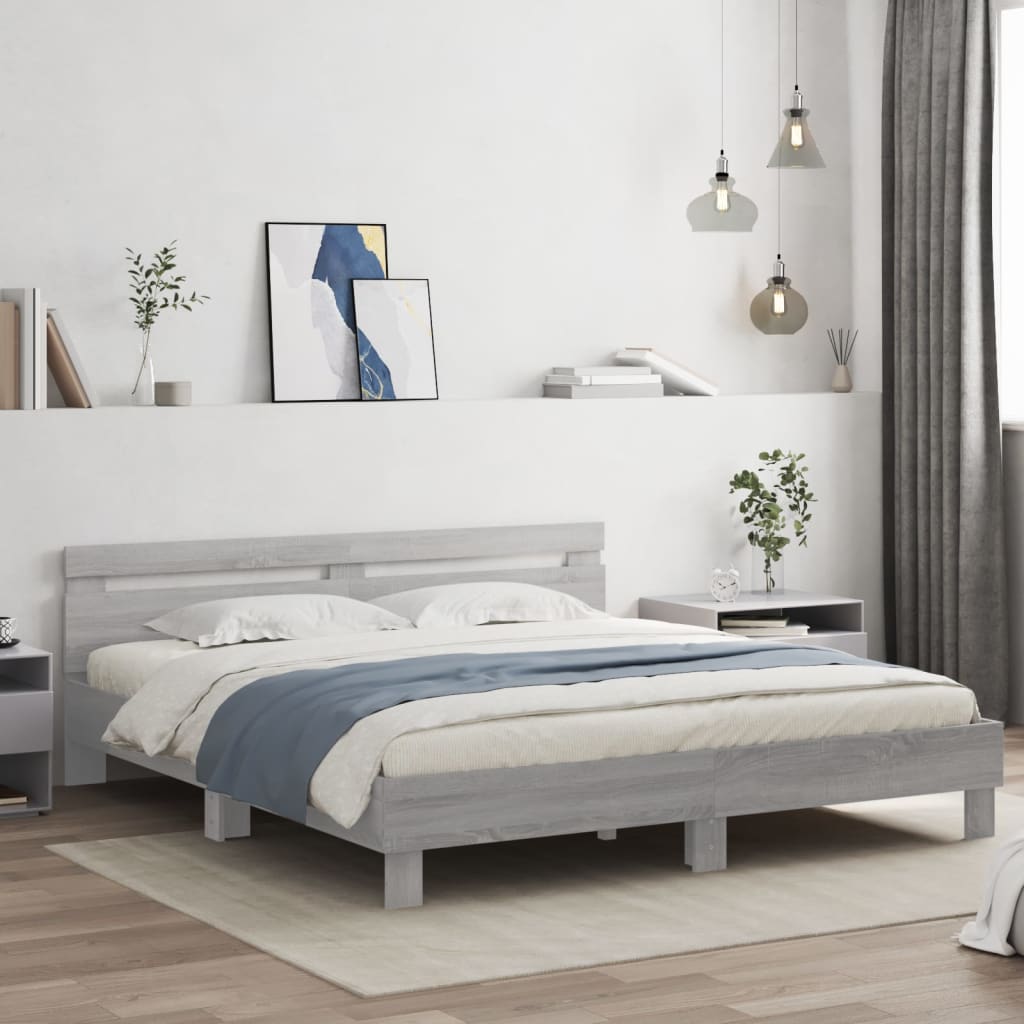 Bedframe met hoofdeinde en LED-licht grijs sonoma 160x200 cm