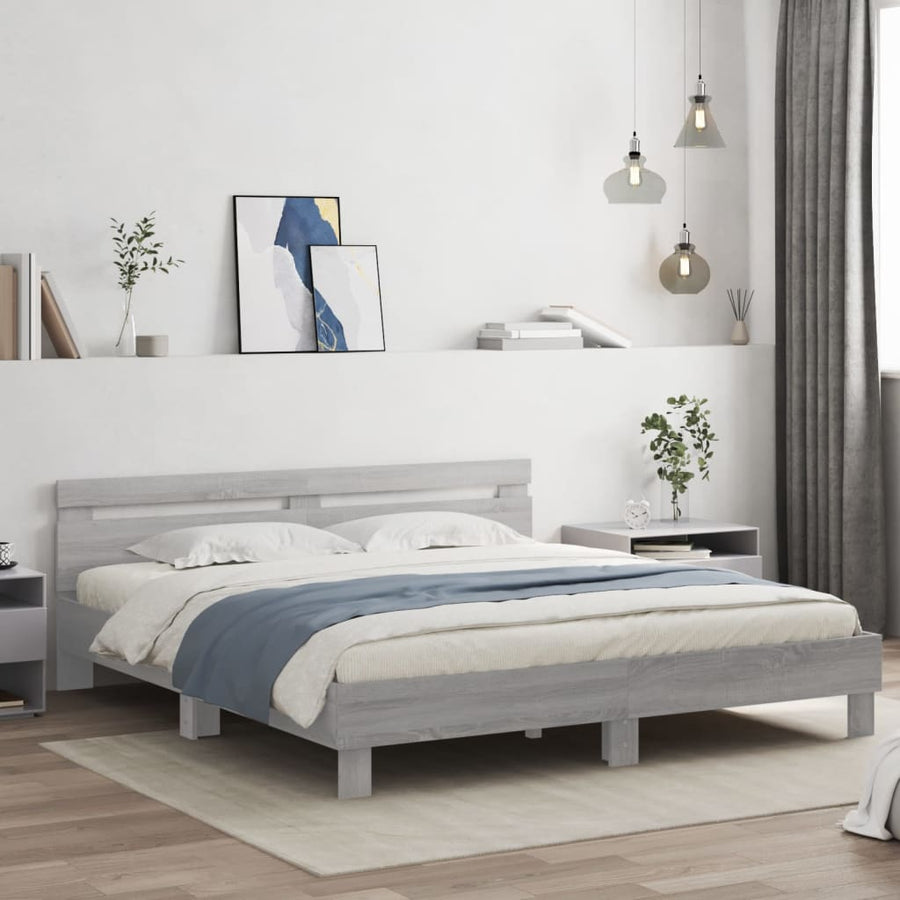 Bedframe met hoofdeinde en LED-licht grijs sonoma 160x200 cm