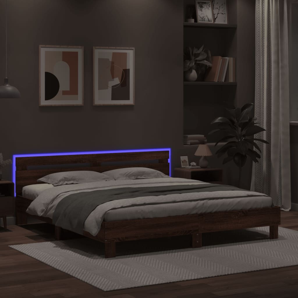 Bedframe met hoofdeinde en LED bruin eikenkleurig 160x200 cm