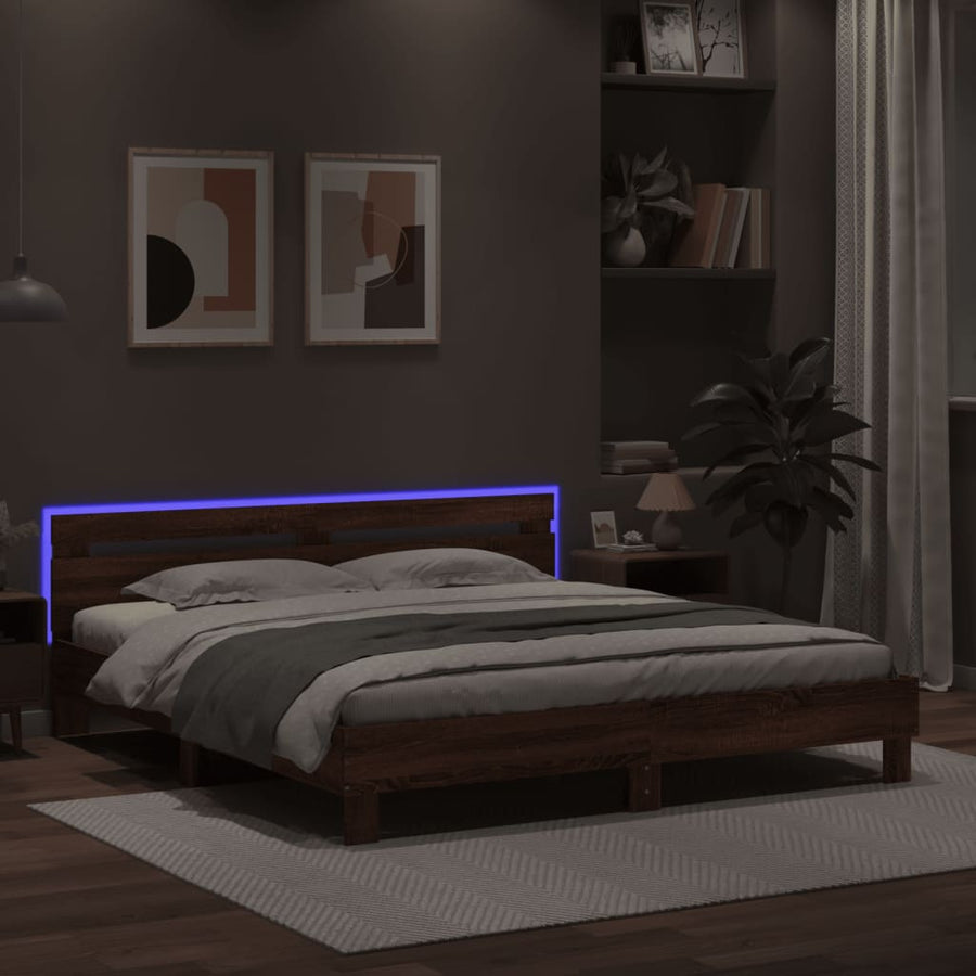 Bedframe met hoofdeinde en LED bruin eikenkleurig 160x200 cm