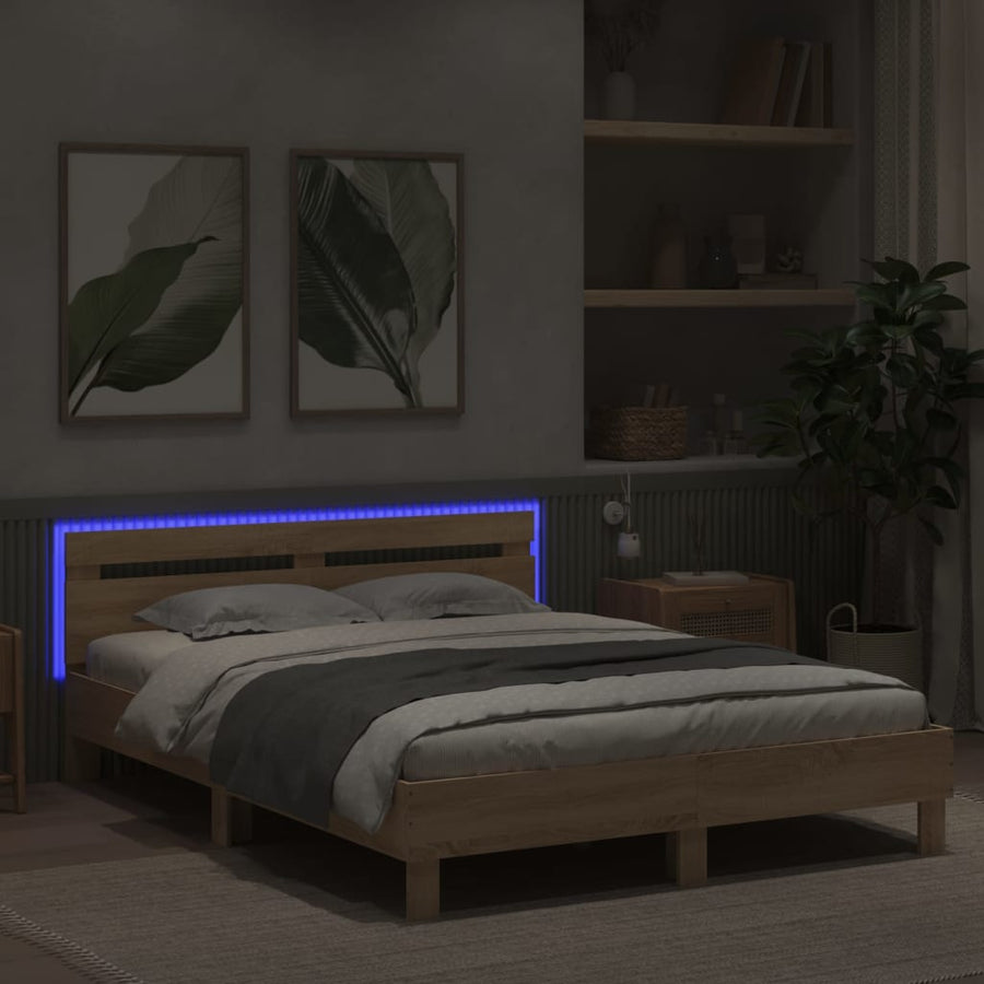 Bedframe met hoofdeinde en LED sonoma eikenkleurig 150x200 cm