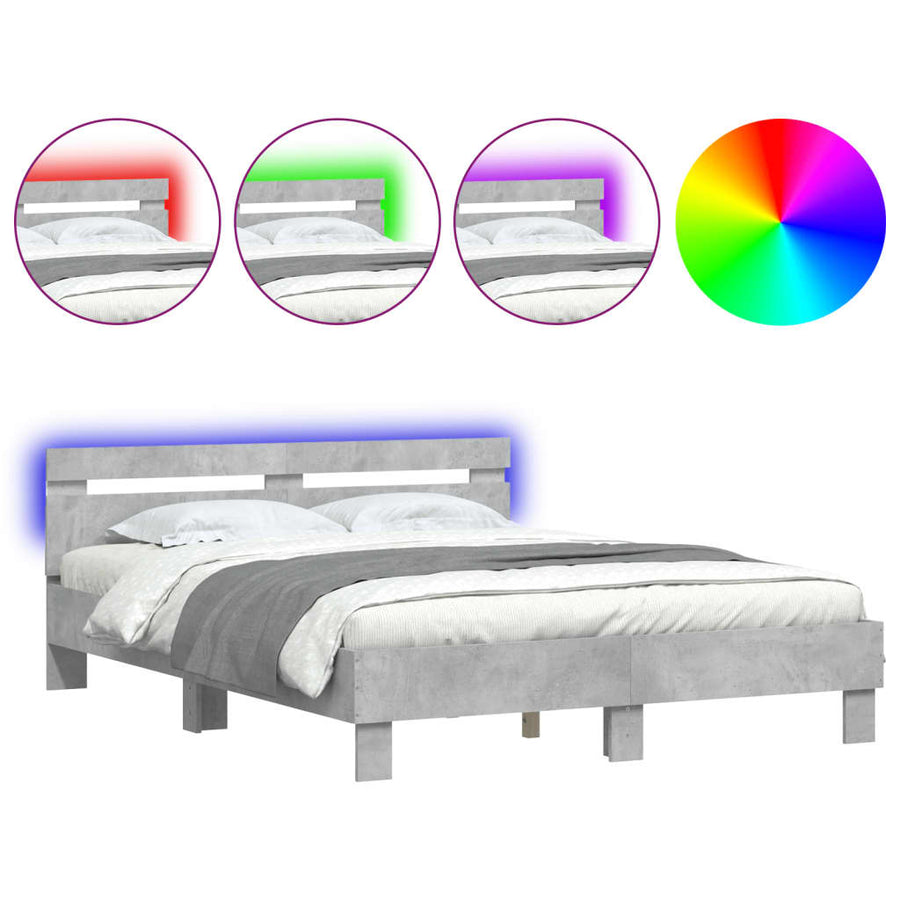 Bedframe met hoofdeinde en LED betongrijs 150x200 cm