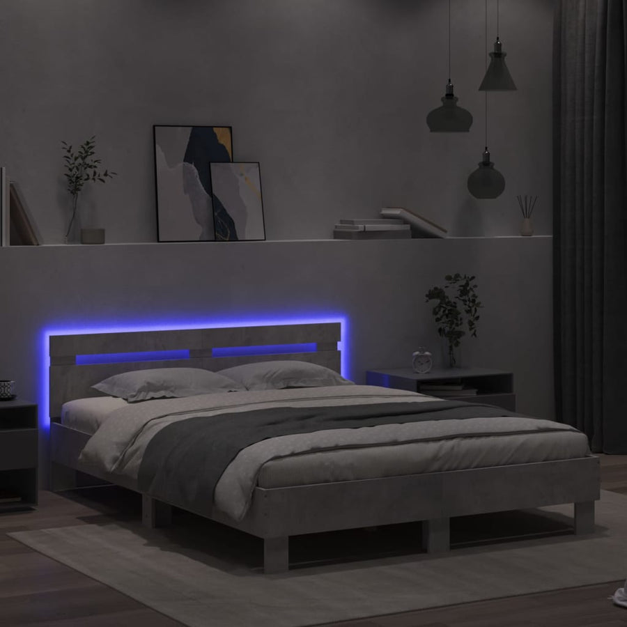 Bedframe met hoofdeinde en LED betongrijs 150x200 cm