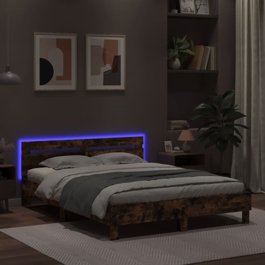 Bedframe met hoofdeinde en LED gerookt eikenkleurig 150x200 cm