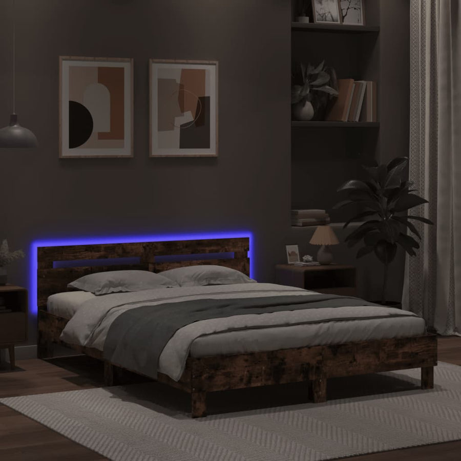 Bedframe met hoofdeinde en LED bruineikenkleurig 150x200 cm
