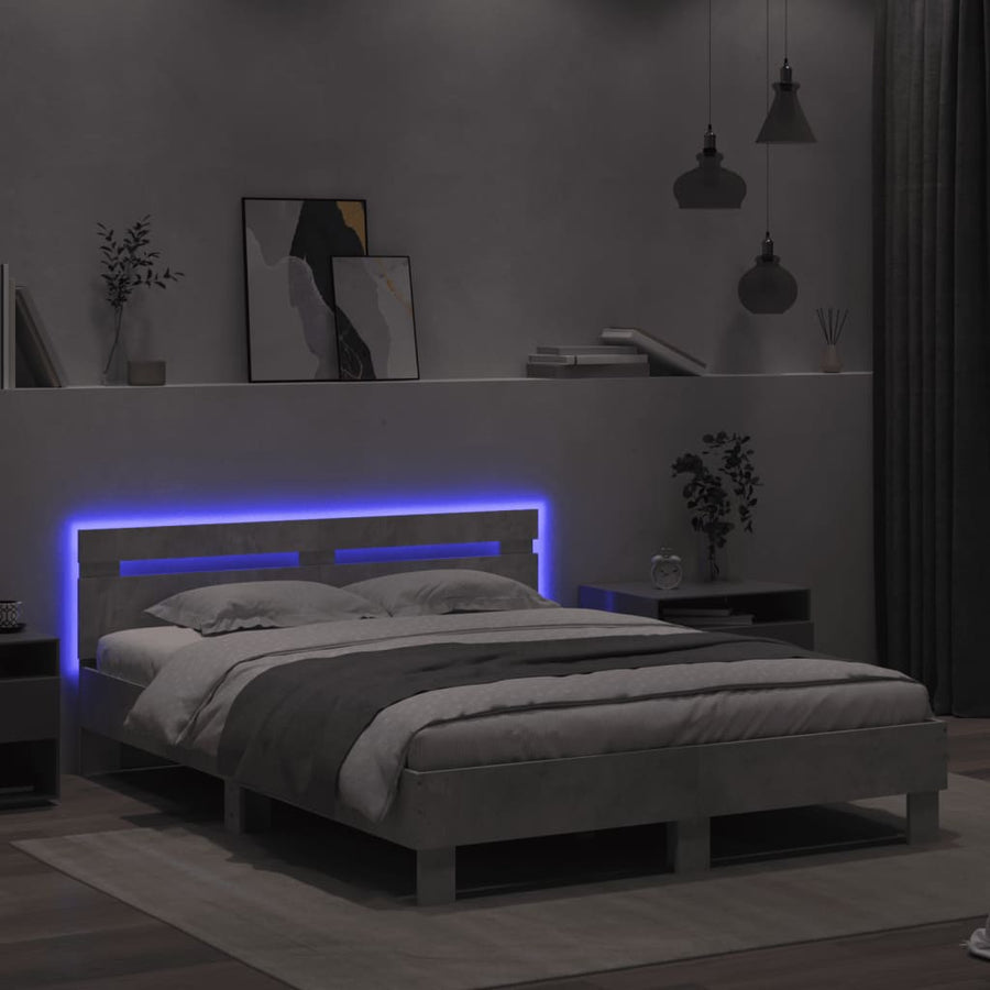 Bedframe met hoofdeinde en LED betongrijs 140x200 cm