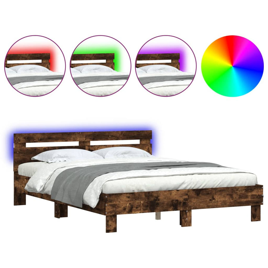 Bedframe met hoofdeinde en LED gerookt eikenkleurig 140x200 cm