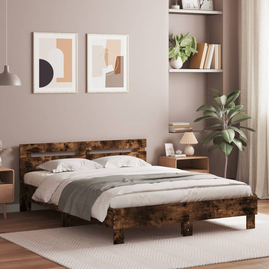 Bedframe met hoofdeinde en LED gerookt eikenkleurig 140x200 cm