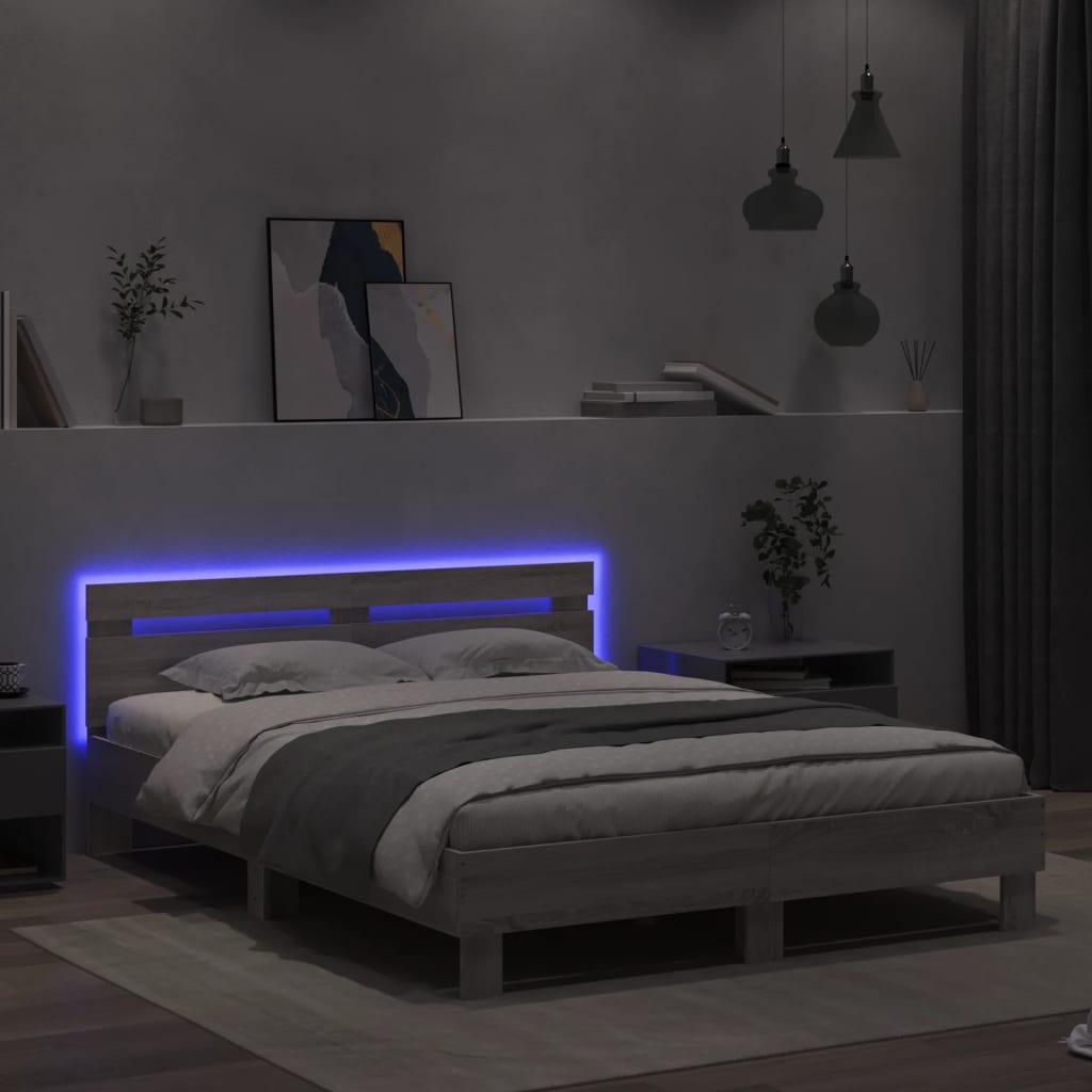 Bedframe met hoofdeinde en LED grijs sonoma eiken 140x200 cm