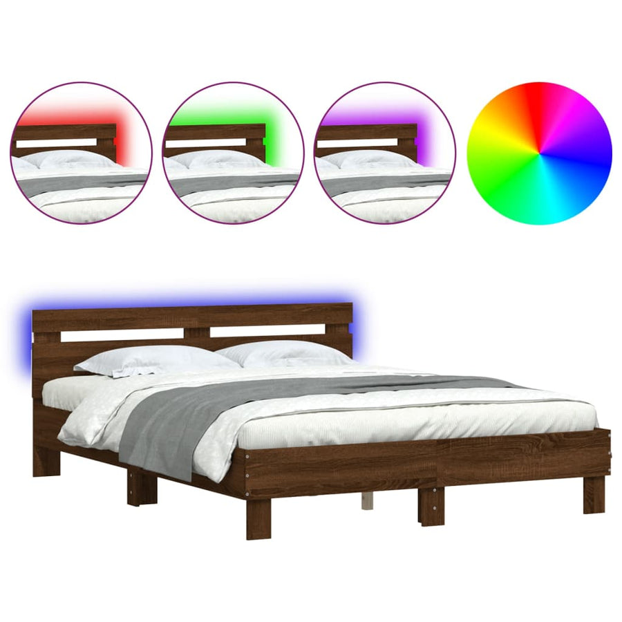 Bedframe met hoofdeinde en LED bruin eikenkleurig 140x200 cm