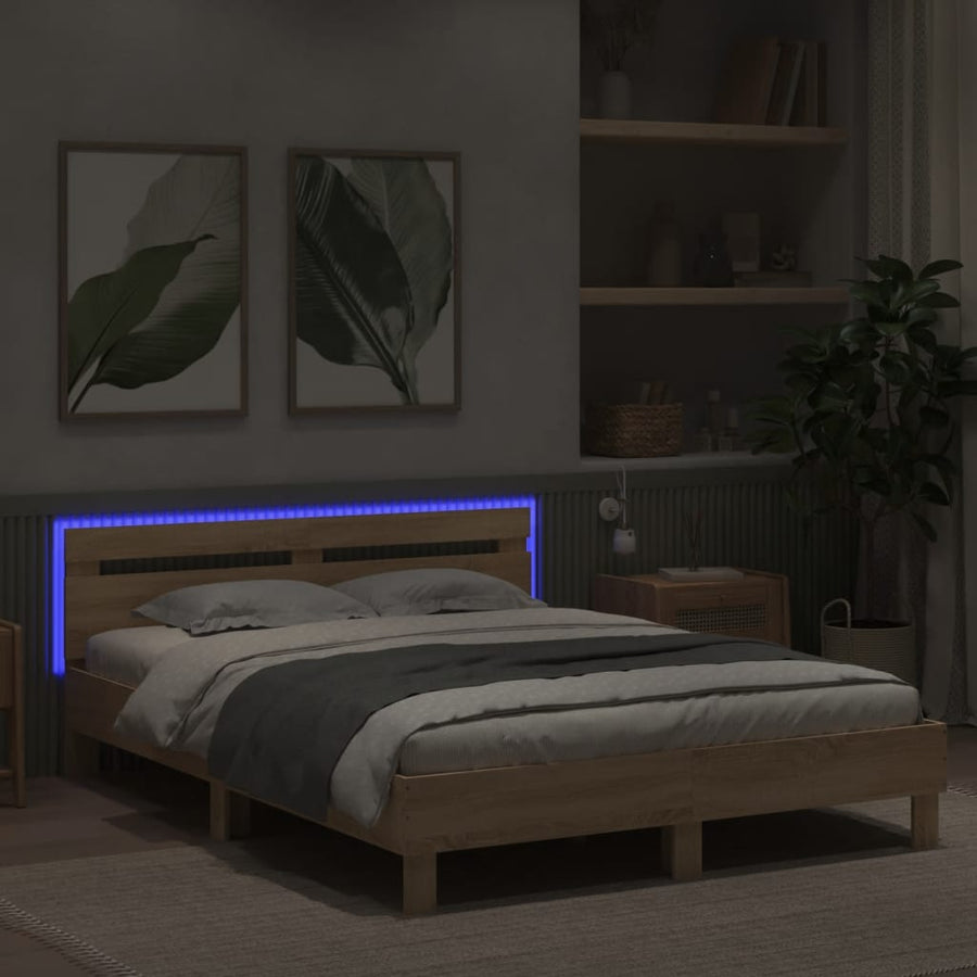 Bedframe met hoofdeinde en LED sonoma eikenkleurig 140x190 cm 140 x 190 cm Sonoma eiken