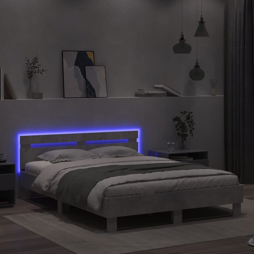 Bedframe met hoofdeinde en LED betongrijs 140x190 cm
