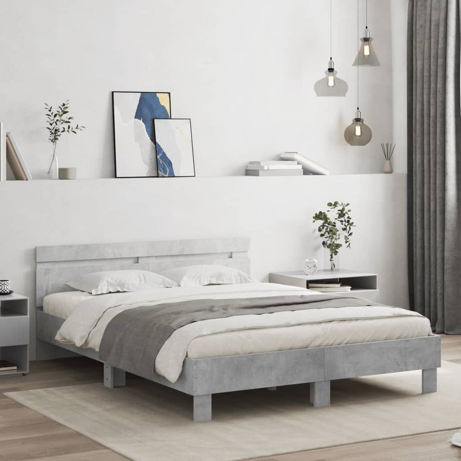 Bedframe met hoofdeinde en LED betongrijs 140x190 cm