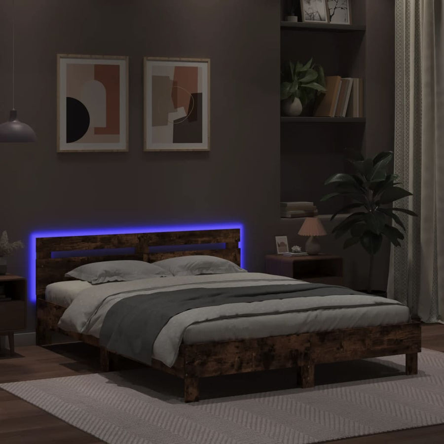 Bedframe met hoofdeinde en LED bruin eikenkleurig 140x190 cm 140 x 190 cm bruin eikenkleur