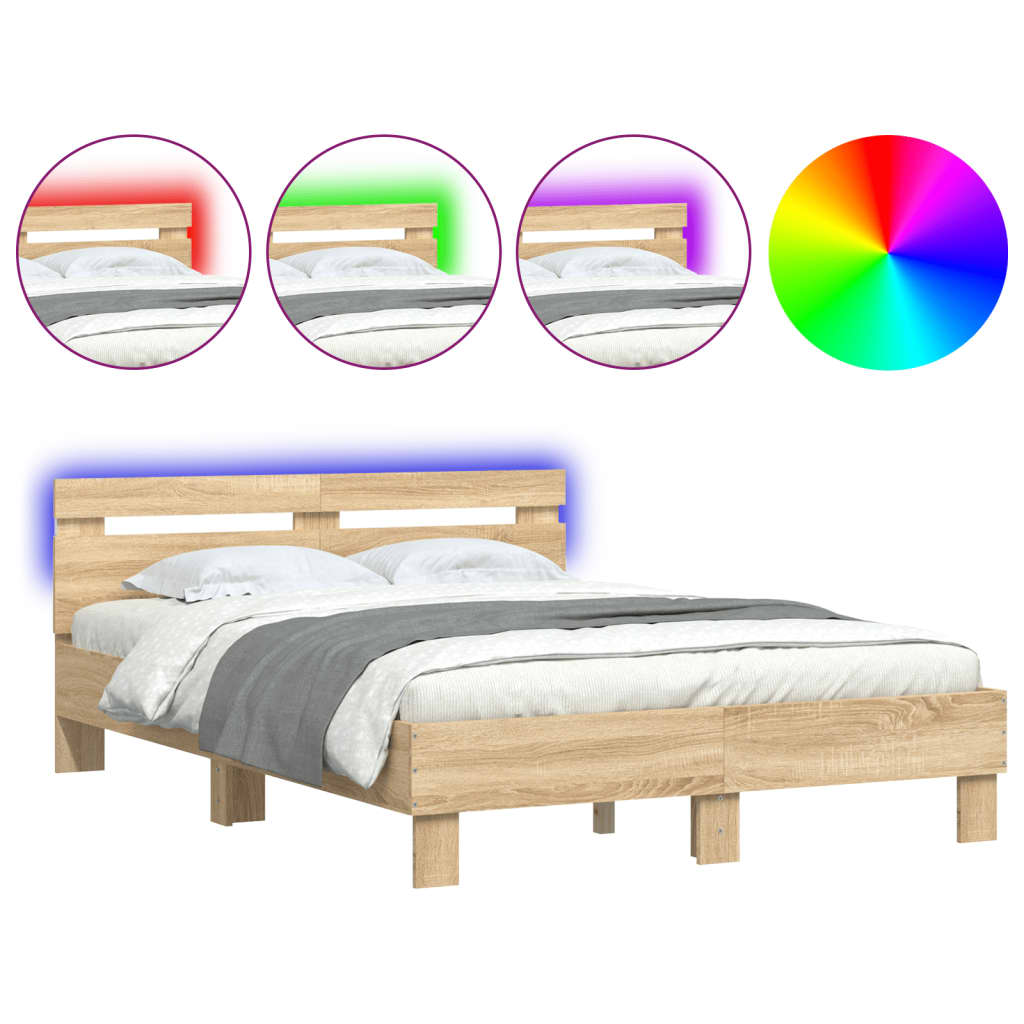 Bedframe met hoofdeinde en LED sonoma eikenkleurig 135x190 cm 135 x 190 cm Sonoma eiken