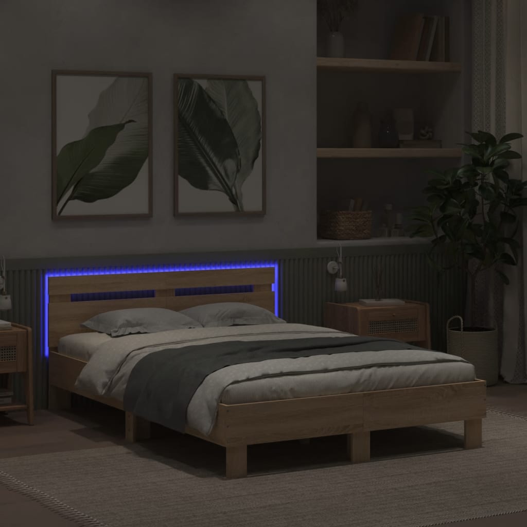Bedframe met hoofdeinde en LED sonoma eikenkleurig 135x190 cm 135 x 190 cm Sonoma eiken