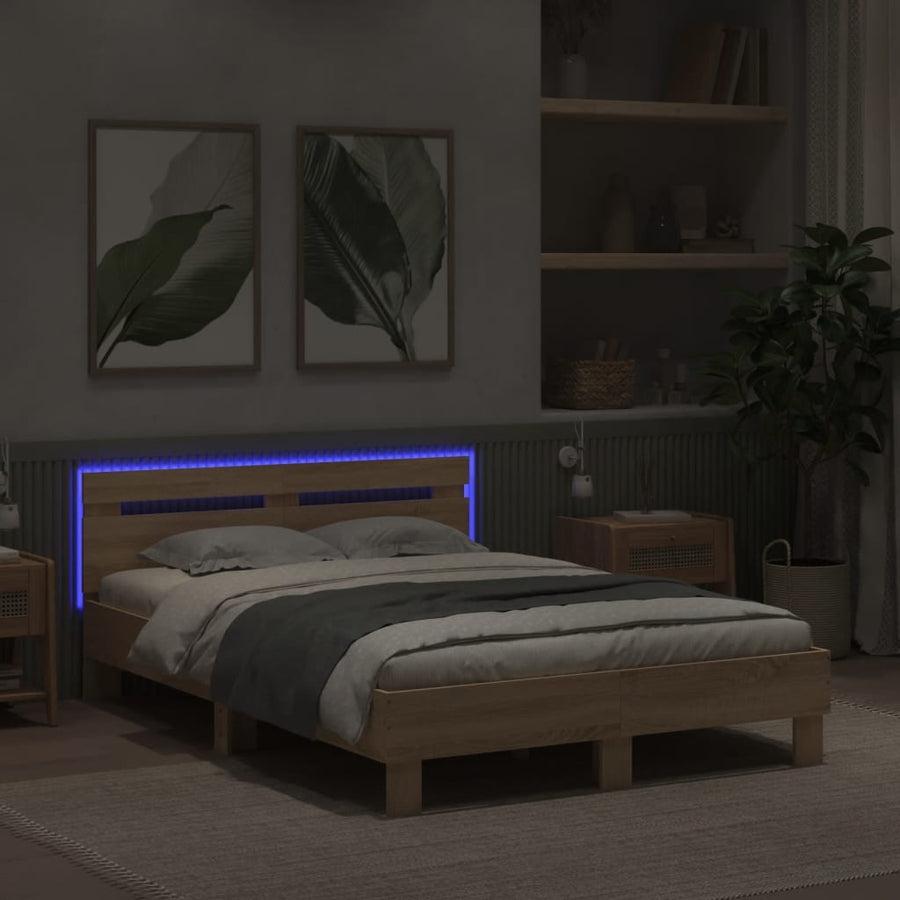 Bedframe met hoofdeinde en LED sonoma eikenkleurig 135x190 cm 135 x 190 cm Sonoma eiken