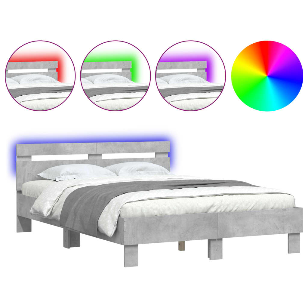 Bedframe met hoofdeinde en LED 135 x 190 cm Betongrijs