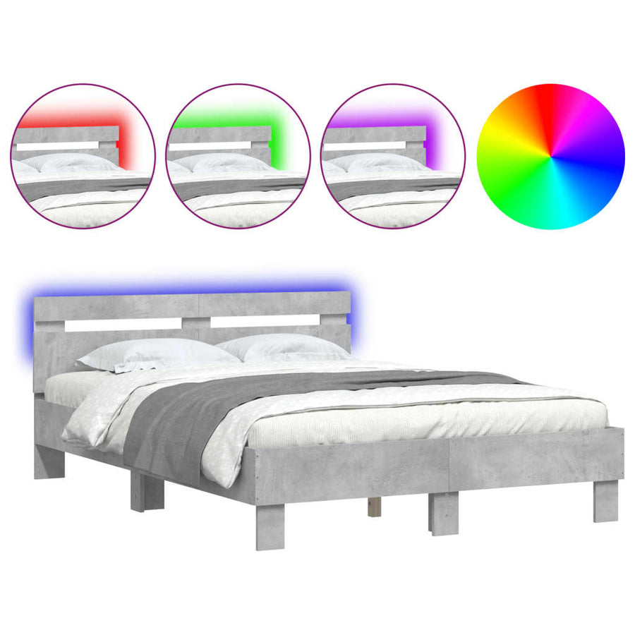 Bedframe met hoofdeinde en LED 135 x 190 cm Betongrijs