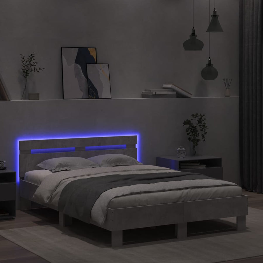 Bedframe met hoofdeinde en LED 135 x 190 cm Betongrijs