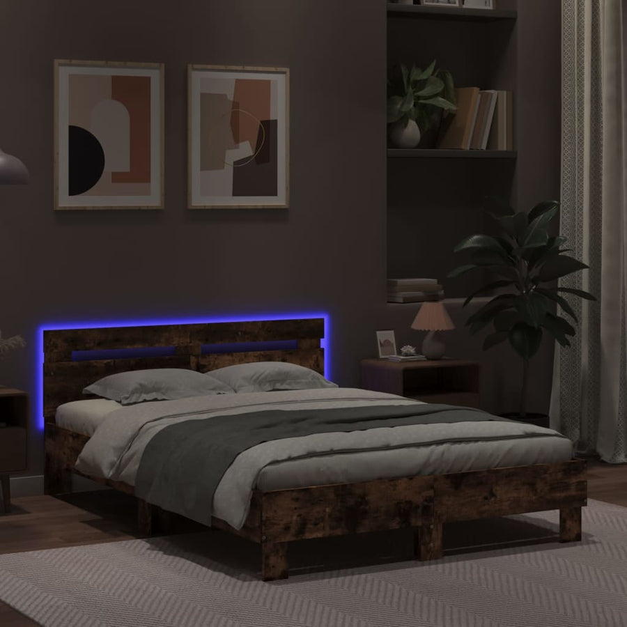 Bedframe met hoofdeinde en LED gerookt eikenkleurig 135x190 cm 135 x 190 cm Gerookt eiken