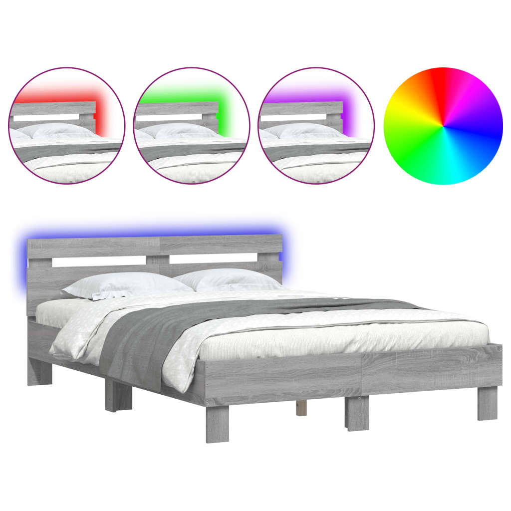 Bedframe met hoofdeinde en LED eiken 135 x 190 cm Grijs sonoma