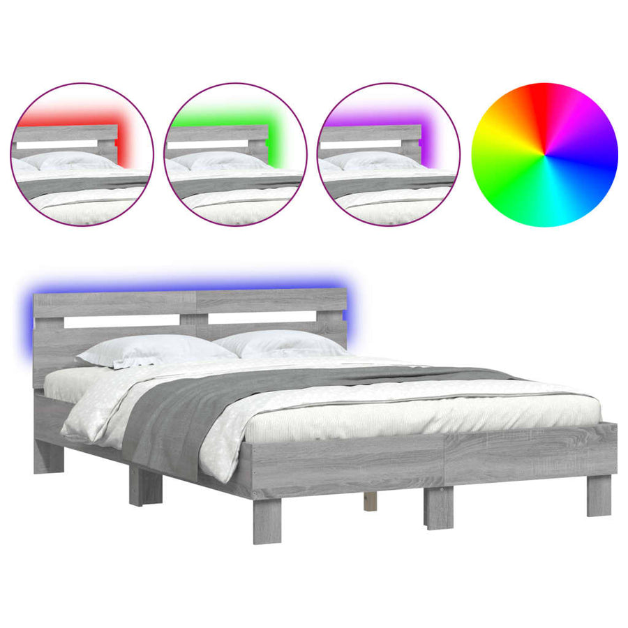 Bedframe met hoofdeinde en LED eiken 135 x 190 cm Grijs sonoma
