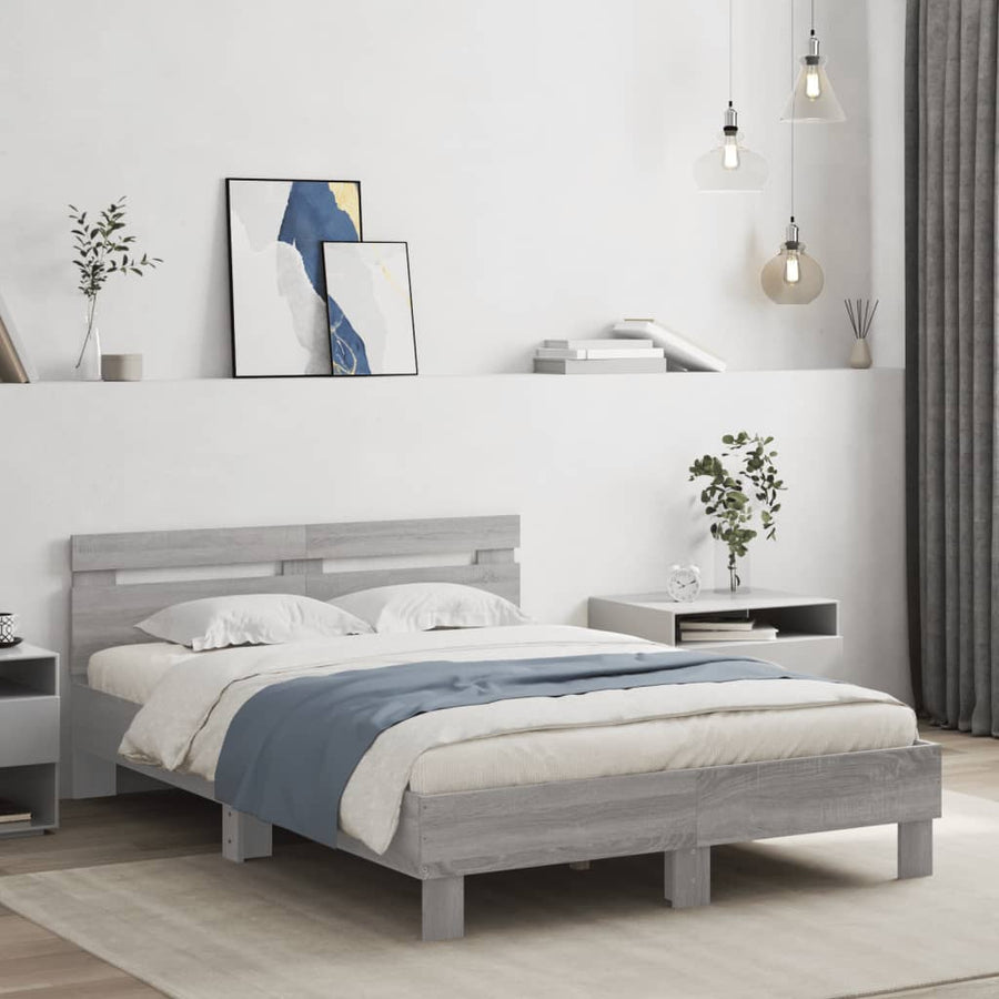 Bedframe met hoofdeinde en LED eiken 135 x 190 cm Grijs sonoma