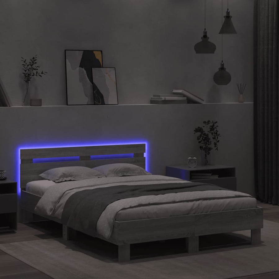 Bedframe met hoofdeinde en LED eiken 135 x 190 cm Grijs sonoma