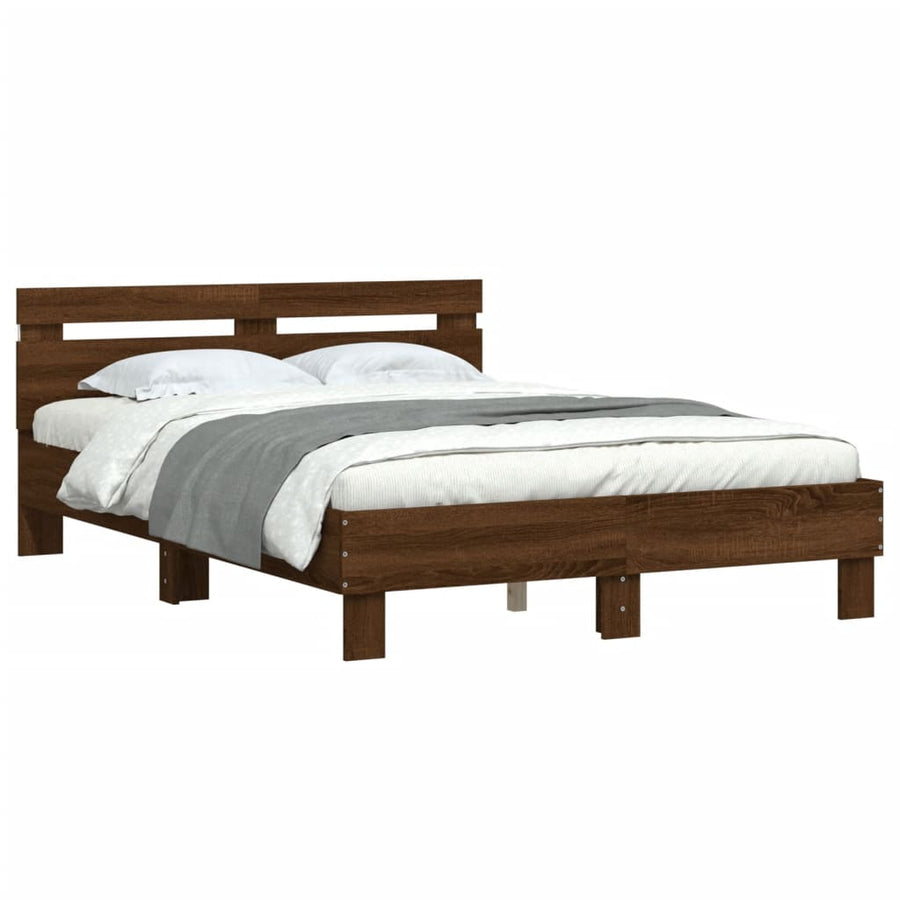 Bedframe met hoofdeinde en LED bruin eikenkleurig 135x190 cm 135 x 190 cm bruin eikenkleur