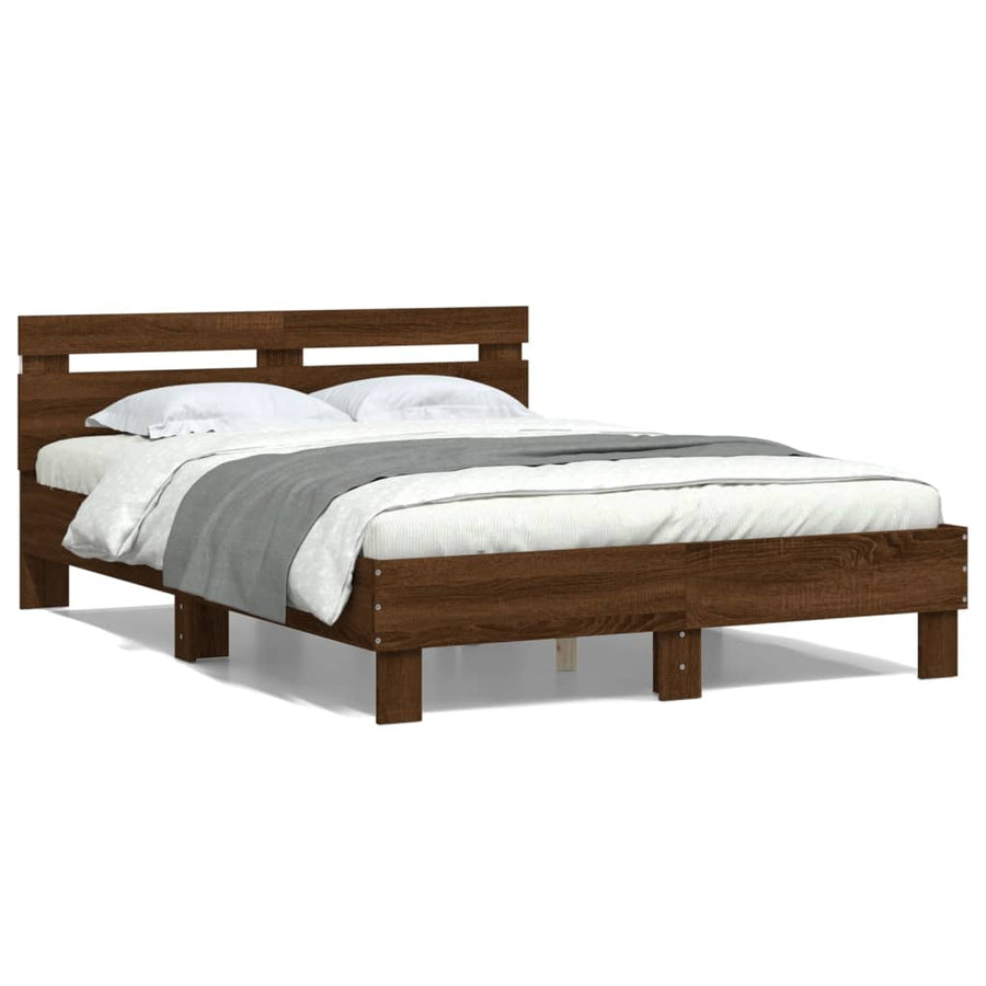 Bedframe met hoofdeinde en LED bruin eikenkleurig 135x190 cm 135 x 190 cm bruin eikenkleur