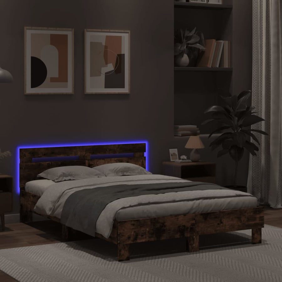 Bedframe met hoofdeinde en LED kleurig 120 x 190 cm Gerookt eiken