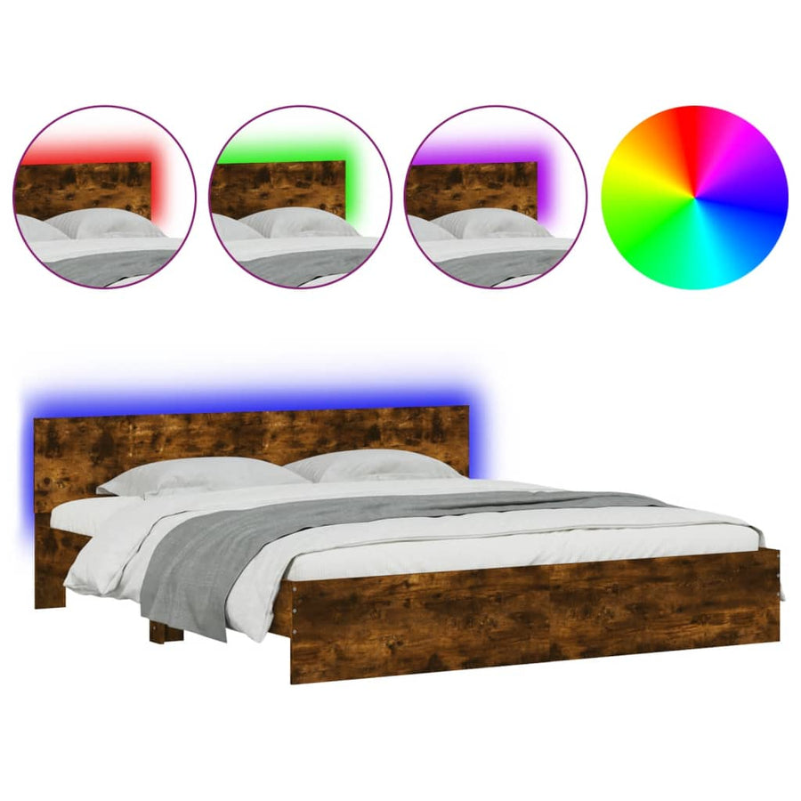 Bedframe met hoofdeinde en LED gerookt eikenkleurig 200x200 cm