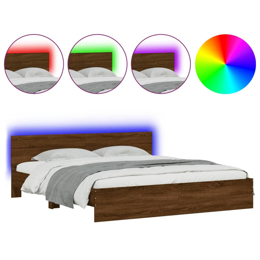 Bedframe met hoofdeinde en LED bruin eikenkleurig 200x200 cm