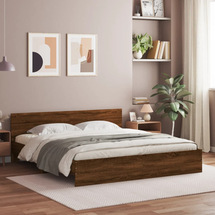Bedframe met hoofdeinde en LED bruin eikenkleurig 200x200 cm