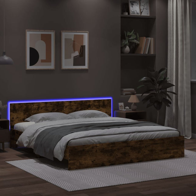 Bedframe met hoofdeinde en LED gerookt eikenkleurig 180x200 cm