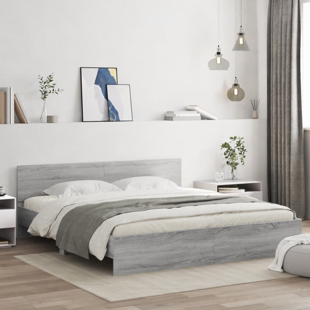 Bedframe met hoofdeinde en LED-licht grijs sonoma 180x200 cm