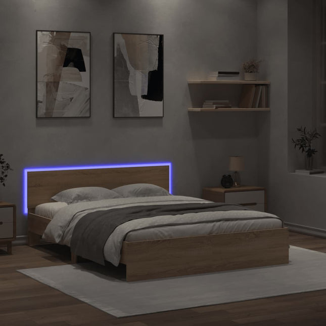 Bedframe met hoofdeinde en LED sonoma eikenkleurig 160x200 cm 160 x 200 cm Sonoma eiken